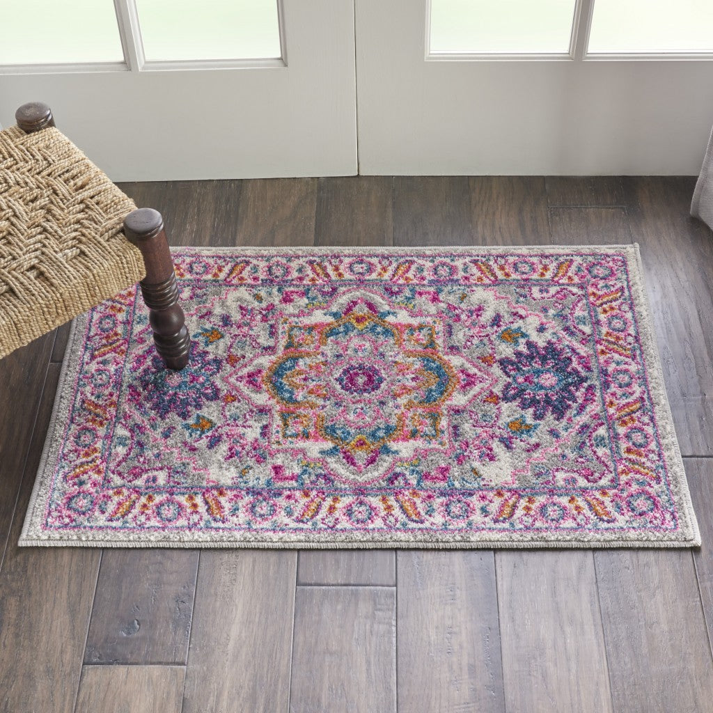 HomeRoots 2' x 3' Light Gray and Pink Medallion Scatter Rug