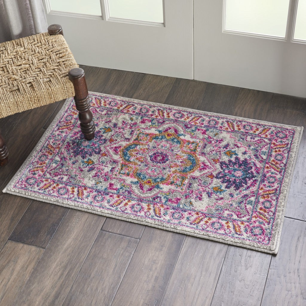 HomeRoots 2' x 3' Light Gray and Pink Medallion Scatter Rug