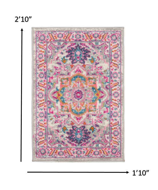 HomeRoots 2' x 3' Light Gray and Pink Medallion Scatter Rug