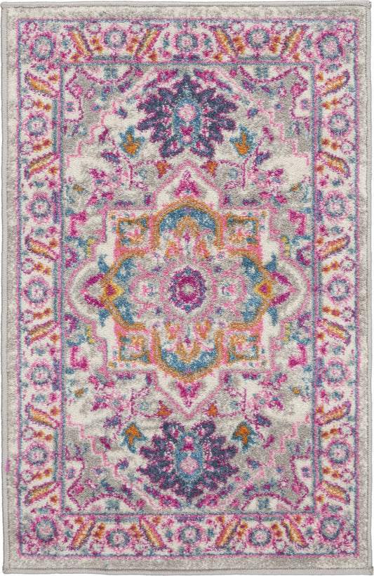 HomeRoots 2' x 3' Light Gray and Pink Medallion Scatter Rug