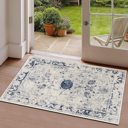 HomeRoots 2' x 3' Navy Blue Distressed Floral Scatter Rug