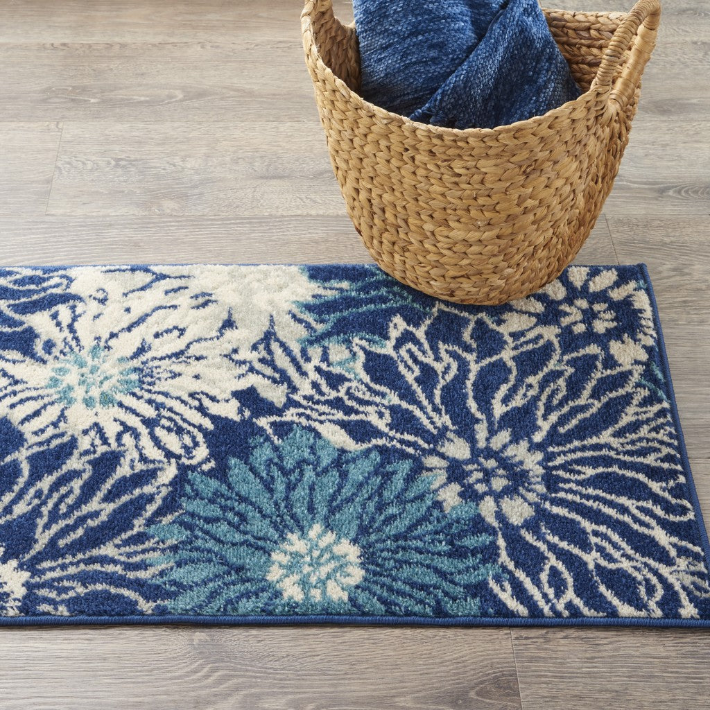 HomeRoots 2' x 3' Navy and Ivory Floral Scatter Rug