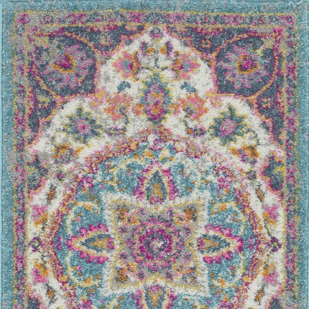 HomeRoots 2' x 3' Pink and Blue Floral Medallion Scatter Rug