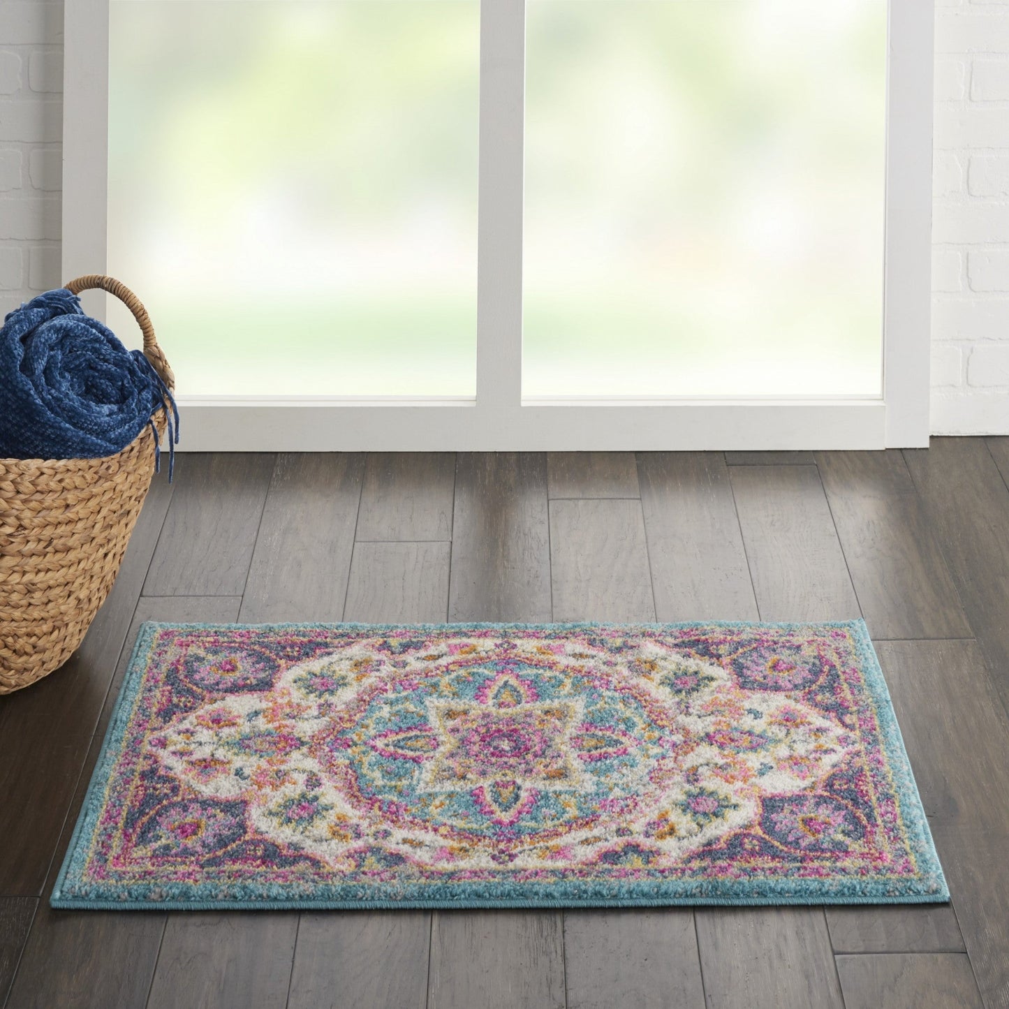 HomeRoots 2' x 3' Pink and Blue Floral Medallion Scatter Rug