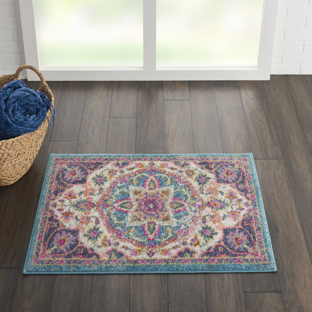HomeRoots 2' x 3' Pink and Blue Floral Medallion Scatter Rug