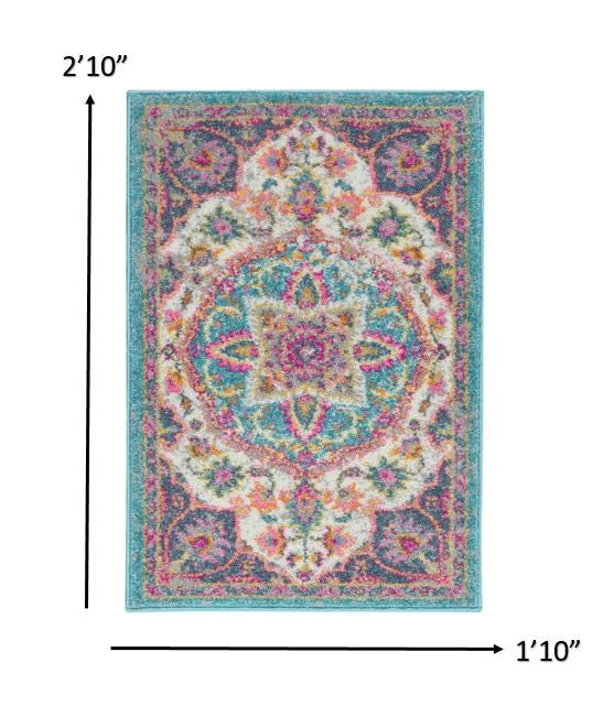 HomeRoots 2' x 3' Pink and Blue Floral Medallion Scatter Rug
