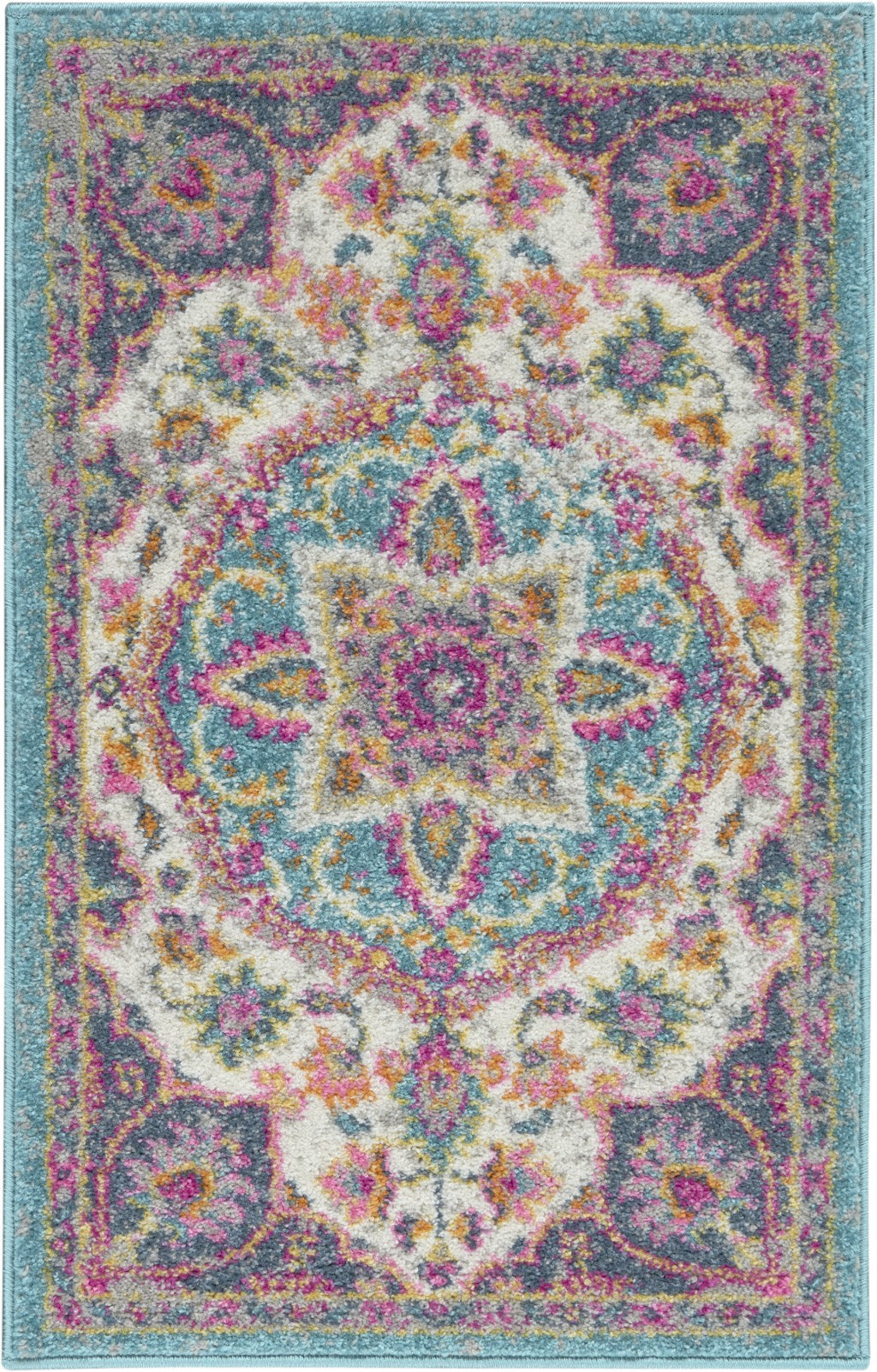 HomeRoots 2' x 3' Pink and Blue Floral Medallion Scatter Rug