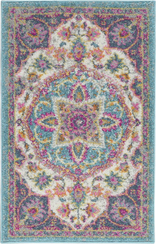 HomeRoots 2' x 3' Pink and Blue Floral Medallion Scatter Rug