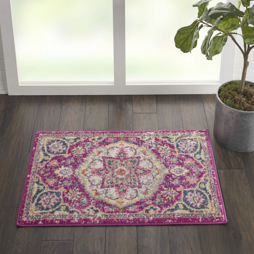 HomeRoots 2' x 3' Pink and Ivory Medallion Scatter Rug