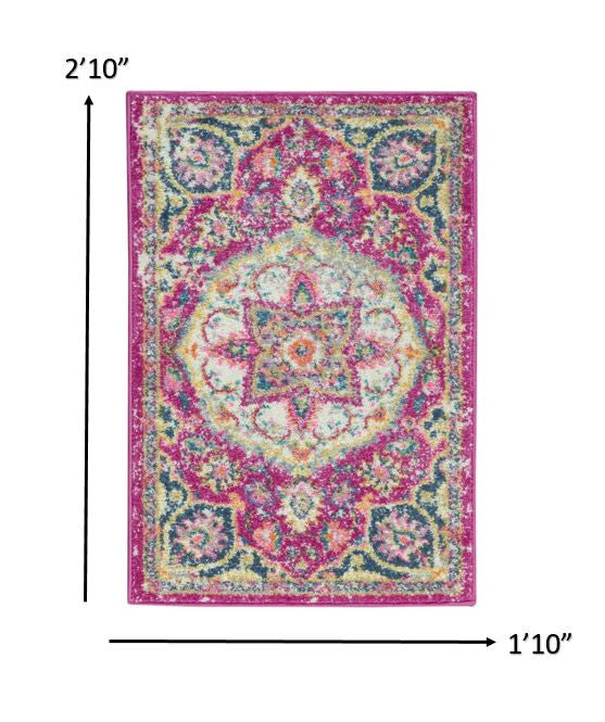 HomeRoots 2' x 3' Pink and Ivory Medallion Scatter Rug