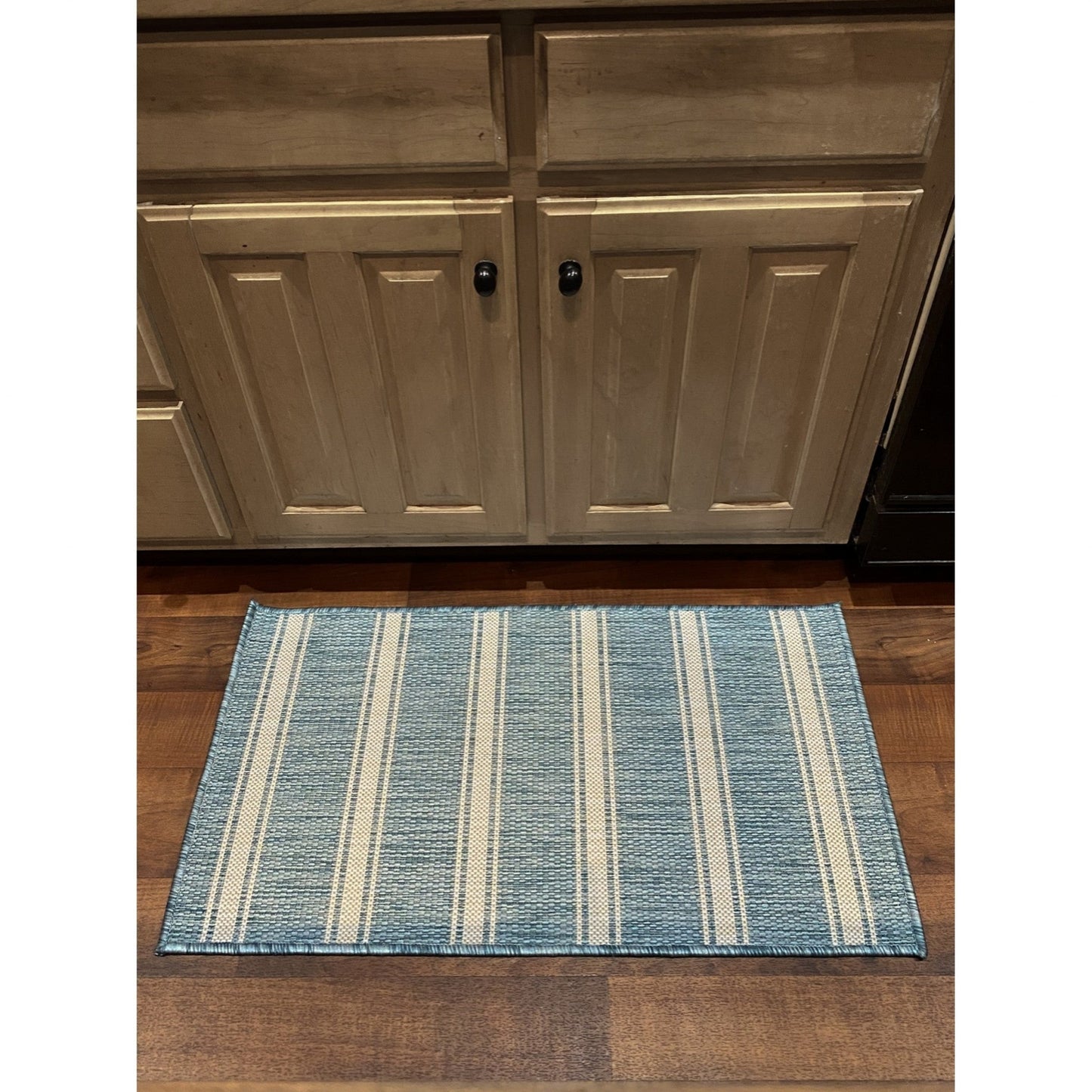 HomeRoots 2' x 3' Teal Striped Indoor Outdoor Scatter Rug