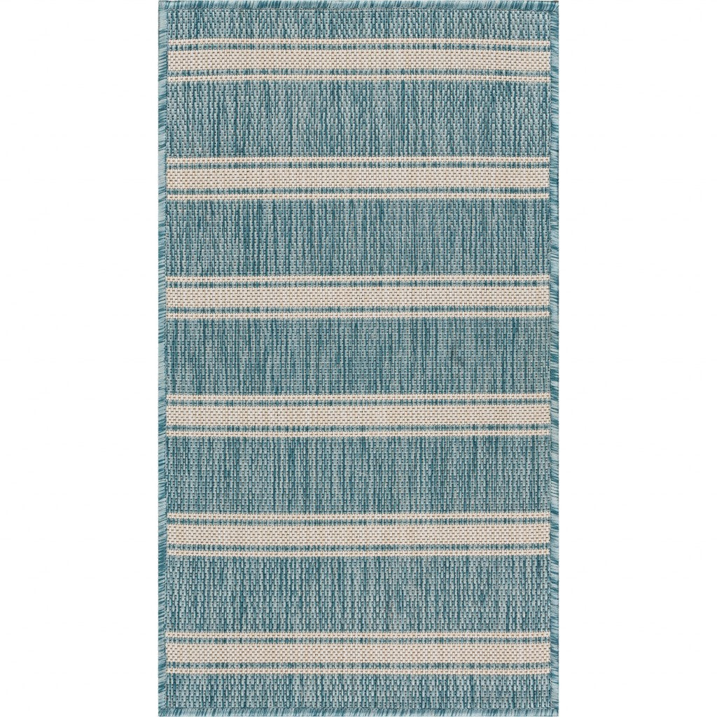 HomeRoots 2' x 3' Teal Striped Indoor Outdoor Scatter Rug