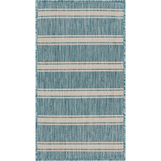 HomeRoots 2' x 3' Teal Striped Indoor Outdoor Scatter Rug