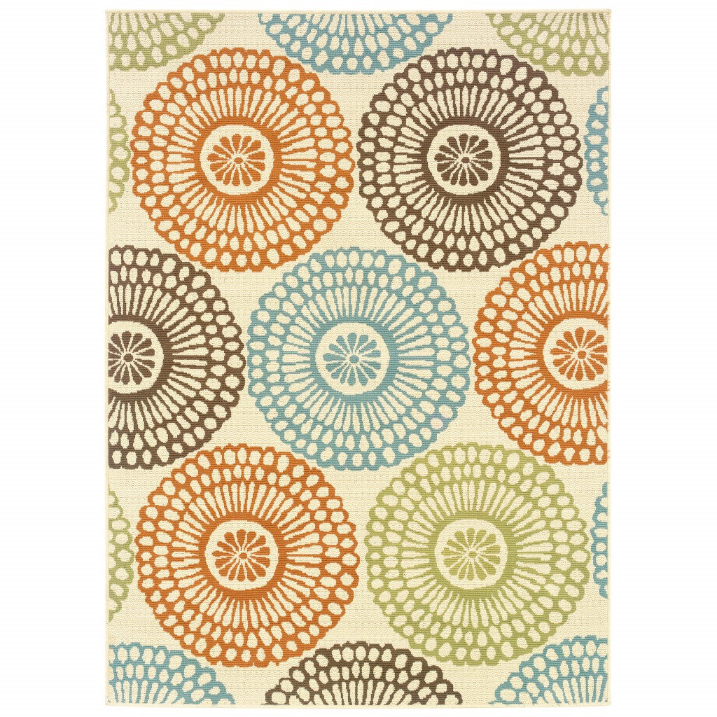 HomeRoots 2' x 4' Beige and Blue Medallion Indoor Outdoor Scatter Rug