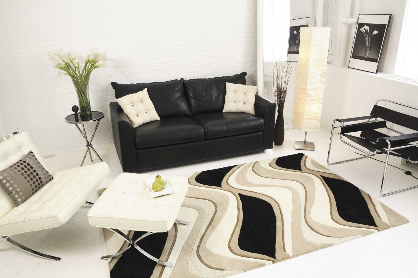 HomeRoots 2' x 4' Black or Beige Waves Wool Area Rug