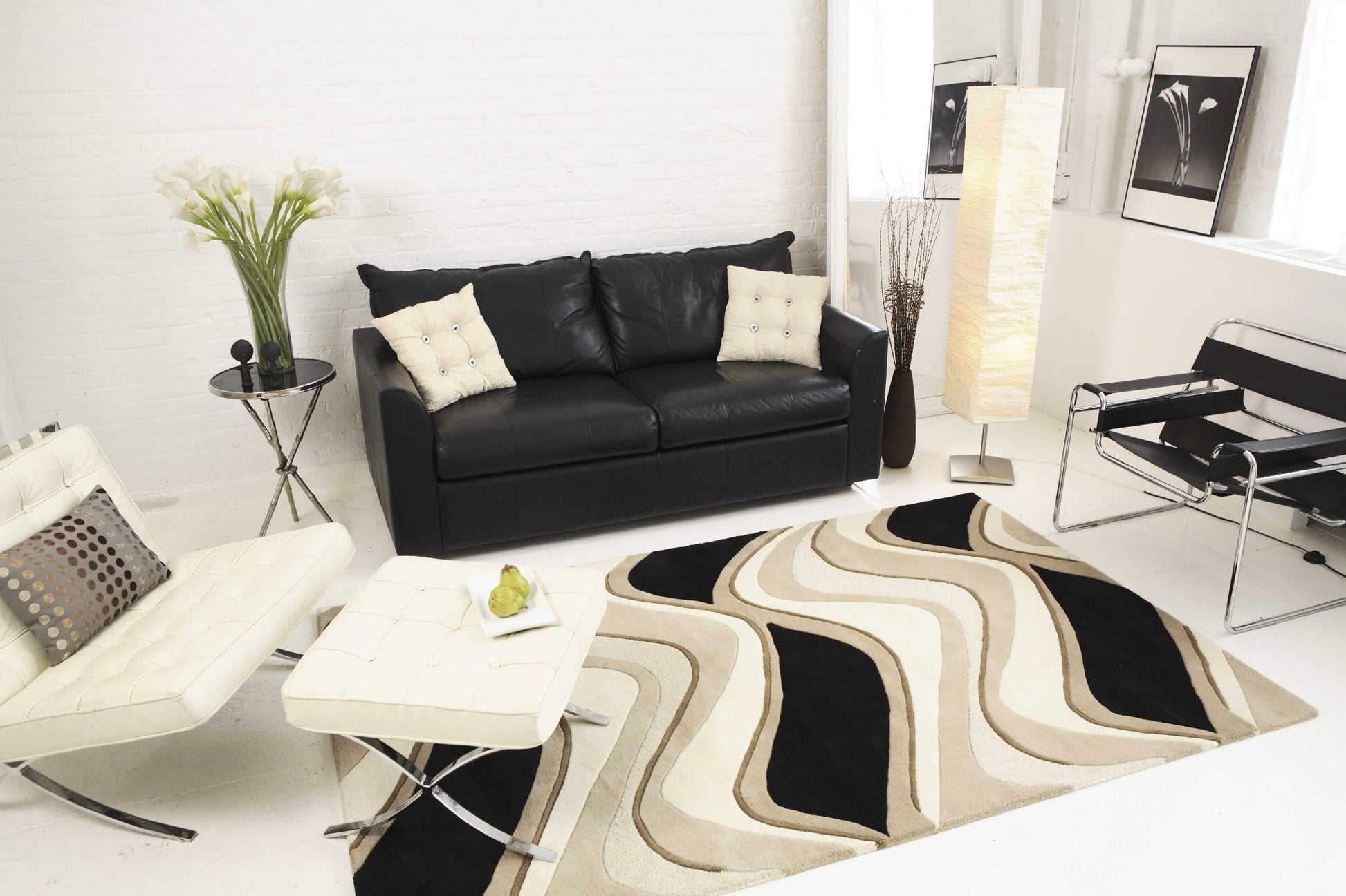 HomeRoots 2' x 4' Black or Beige Waves Wool Area Rug