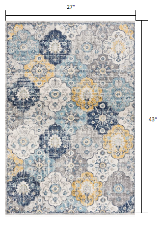HomeRoots 2’ x 4’ Distressed Floral Area Rug in Blue Finish