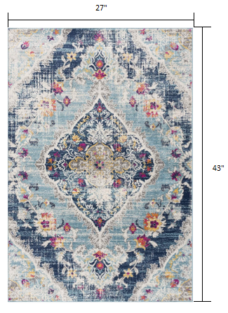 HomeRoots 2’ x 4’ Distressed Medallion Area Rug in Blue Finish