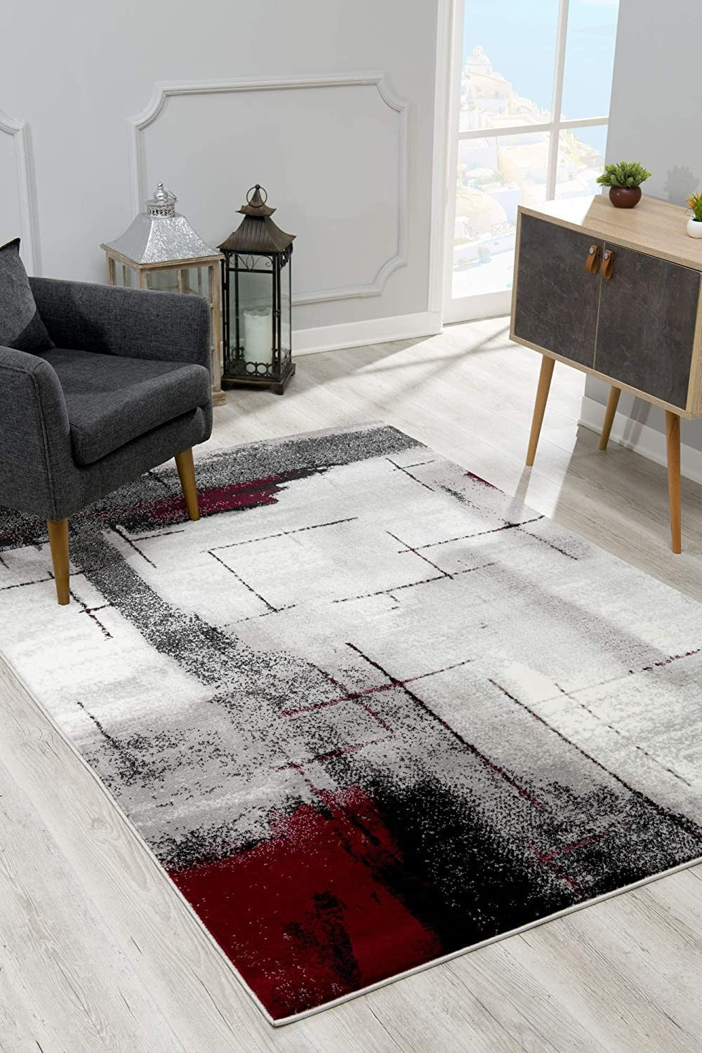 HomeRoots 2' x 4' Gray and Burgundy Abstract Area Rug