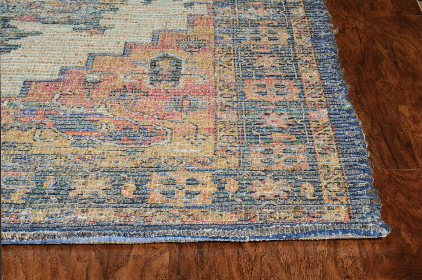 HomeRoots 2' x 4' Hand Woven Diamond Medallion Indoor Accent Rug With Blue and Rust Orange Finish