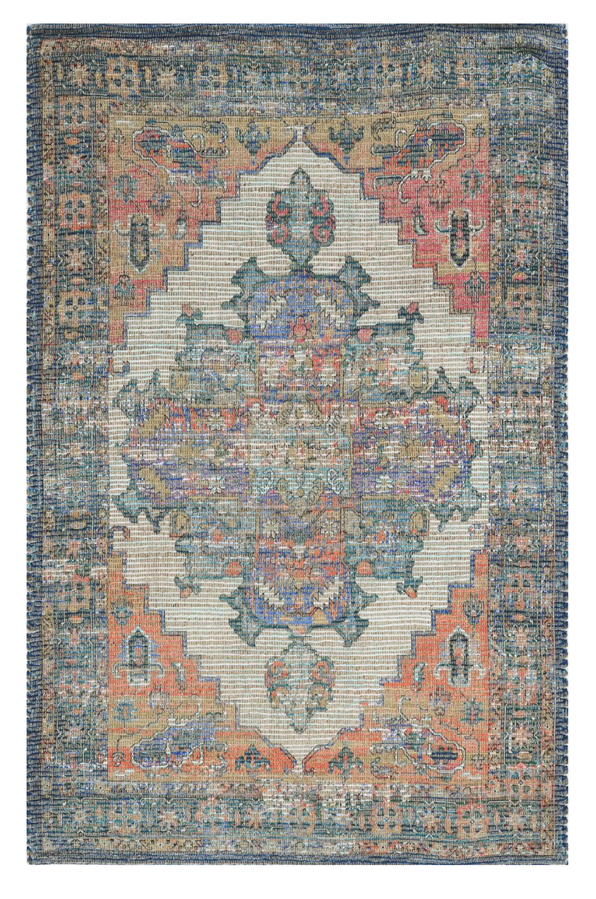 HomeRoots 2' x 4' Hand Woven Diamond Medallion Indoor Accent Rug With Blue and Rust Orange Finish