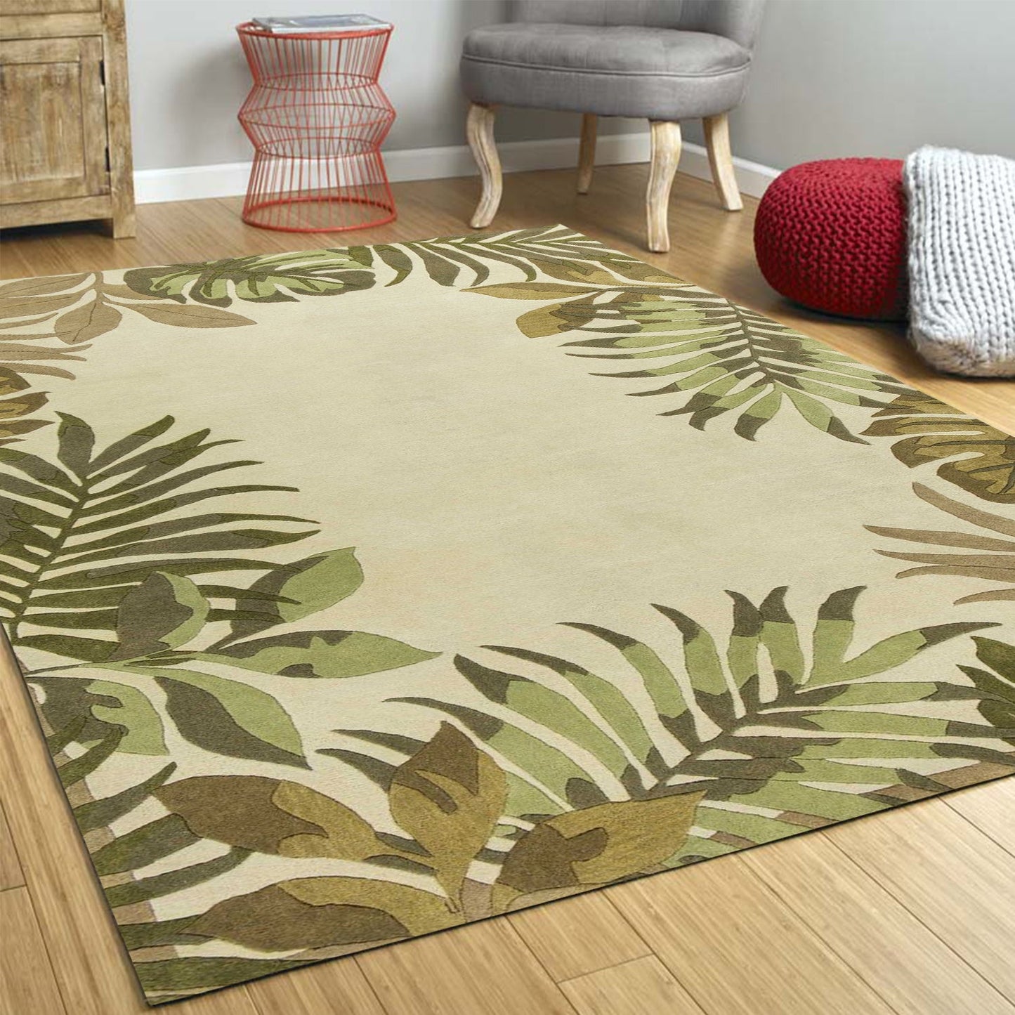 HomeRoots 2' x 4' Ivory Leaves Bordered Wool Area Rug