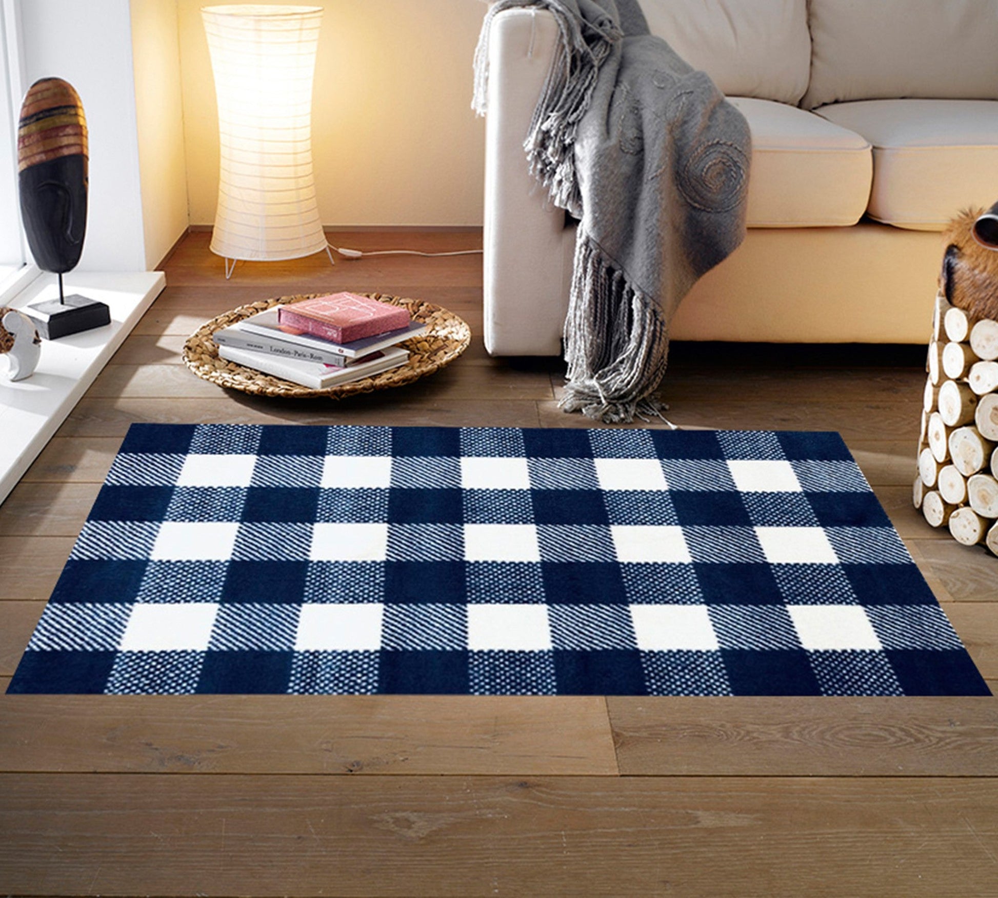 HomeRoots 2' x 4' Navy and White Buffalo Plaid Washable Floor Mat