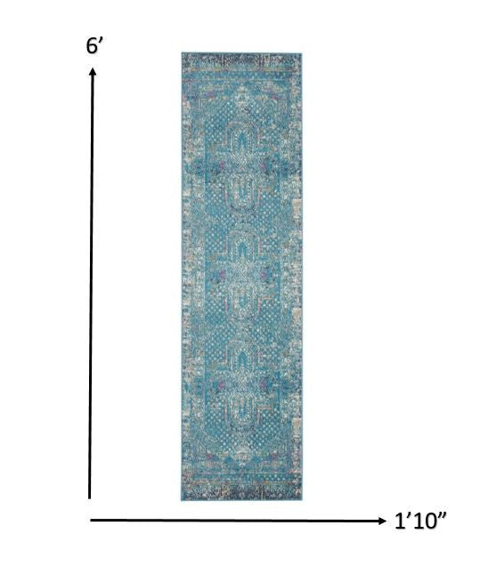 HomeRoots 2' x 6' Blue Distressed Medallion Runner Rug