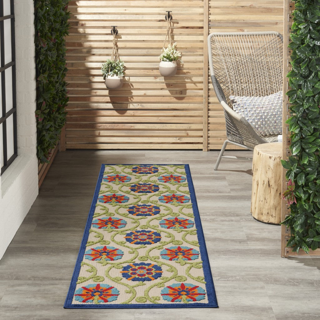HomeRoots 2’ x 6’ Blue Vines Indoor Outdoor Runner Rug