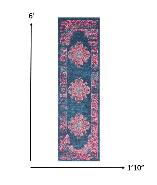 HomeRoots 2’ x 6’ Blue and Pink Medallion Runner Rug