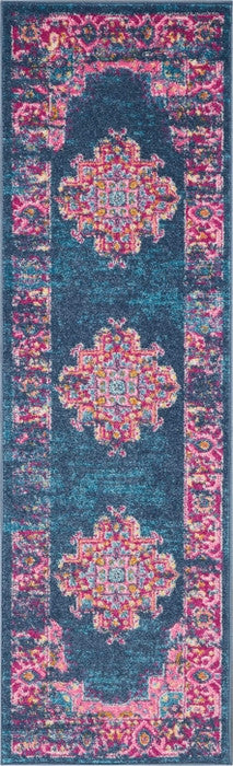 HomeRoots 2’ x 6’ Blue and Pink Medallion Runner Rug