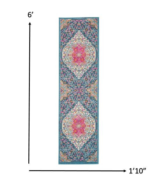 HomeRoots 2' x 6' Blue and Pink Medallion Runner Rug