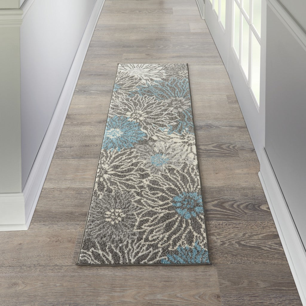 HomeRoots 2’ x 6’ Charcoal and Blue Big Flower Runner Rug