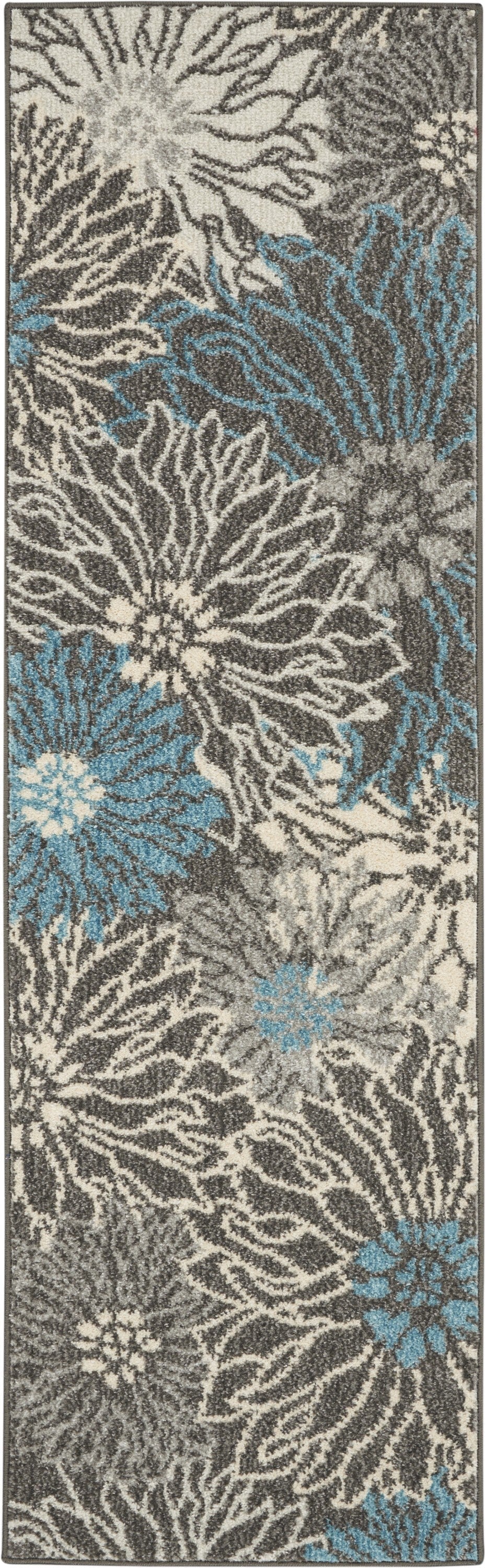 HomeRoots 2’ x 6’ Charcoal and Blue Big Flower Runner Rug