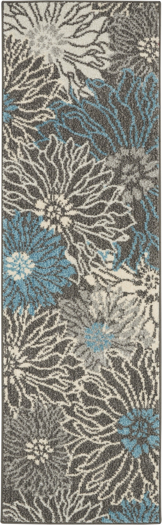 HomeRoots 2’ x 6’ Charcoal and Blue Big Flower Runner Rug