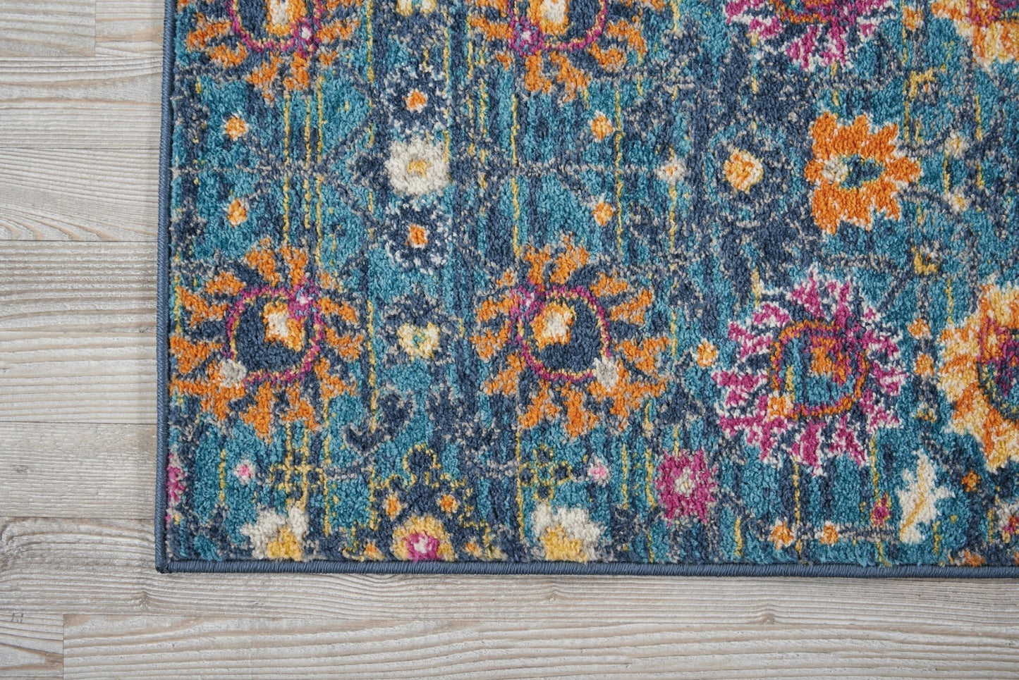 HomeRoots 2' x 6’ Denim Blue Distressed Runner Rug With Florals Finish