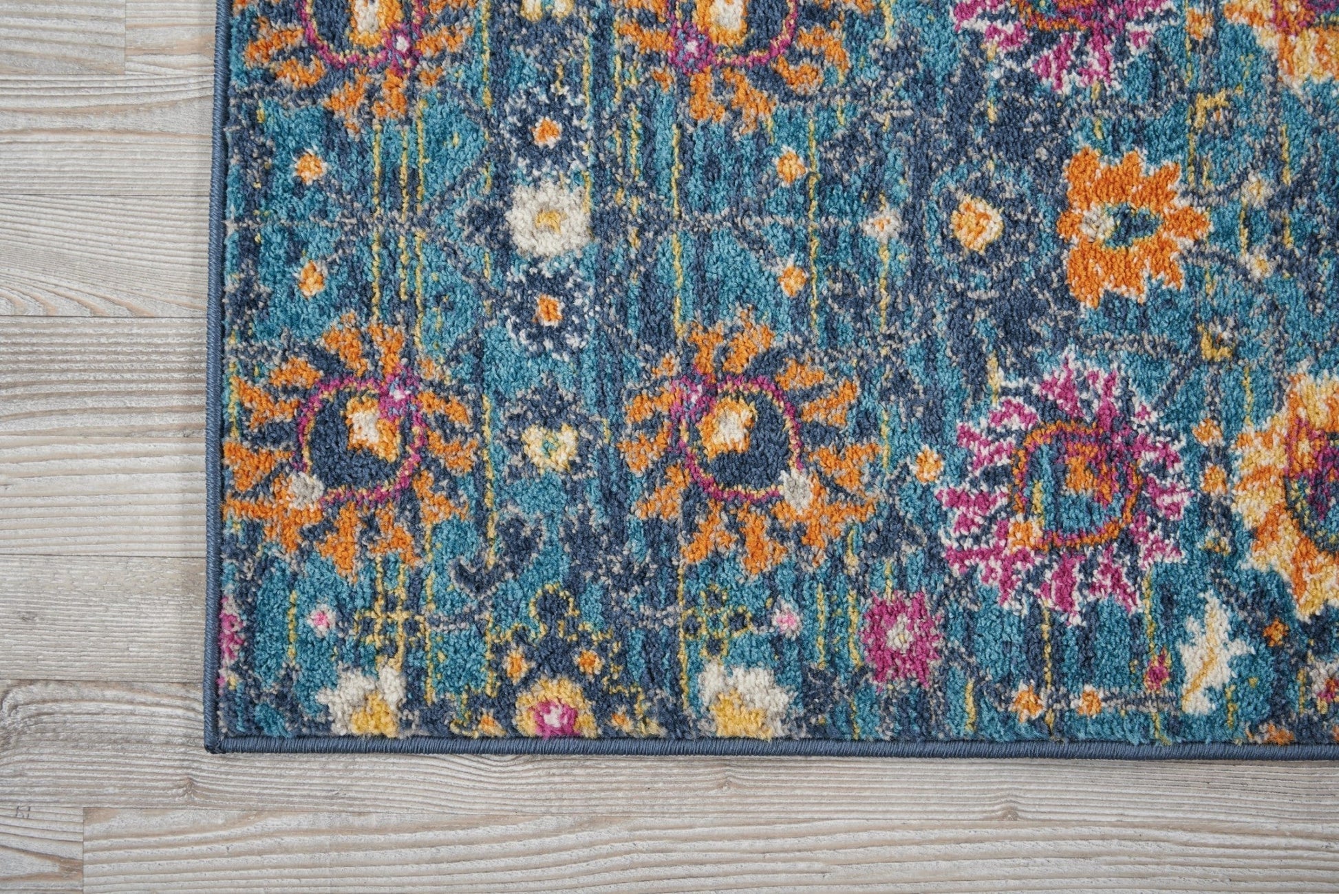 HomeRoots 2' x 6’ Denim Blue Distressed Runner Rug With Florals Finish