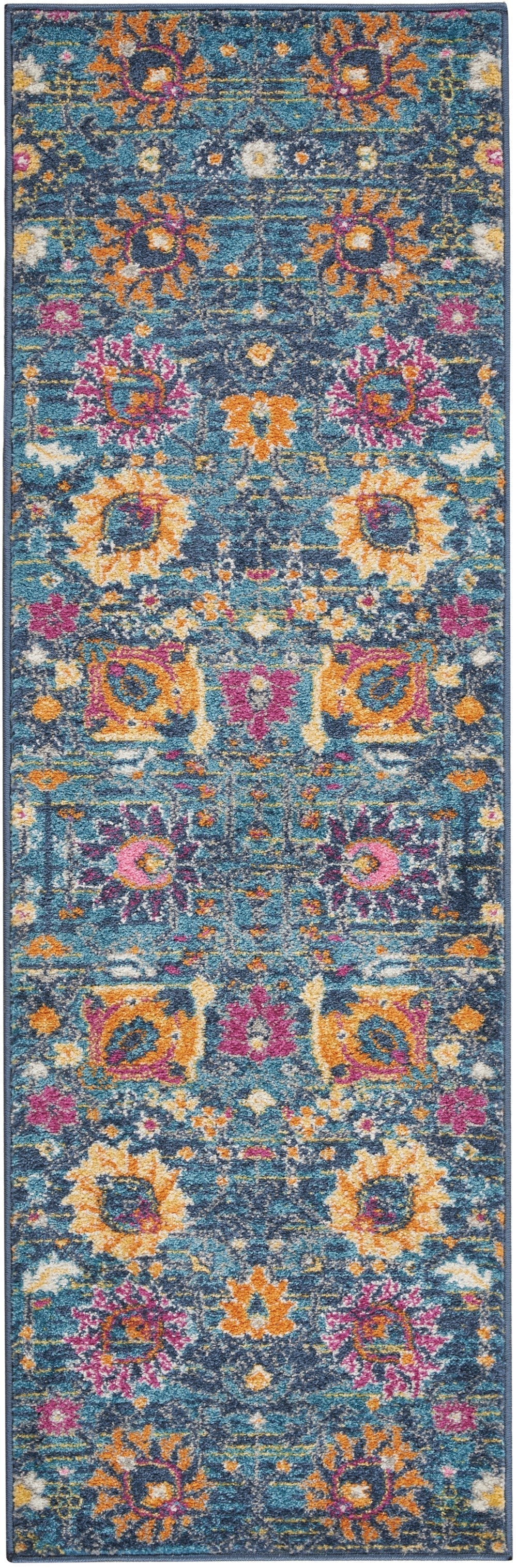 HomeRoots 2' x 6’ Denim Blue Distressed Runner Rug With Florals Finish