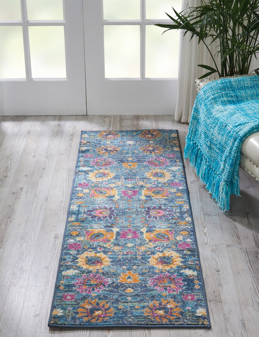 HomeRoots 2' x 6’ Denim Blue Distressed Runner Rug With Florals Finish