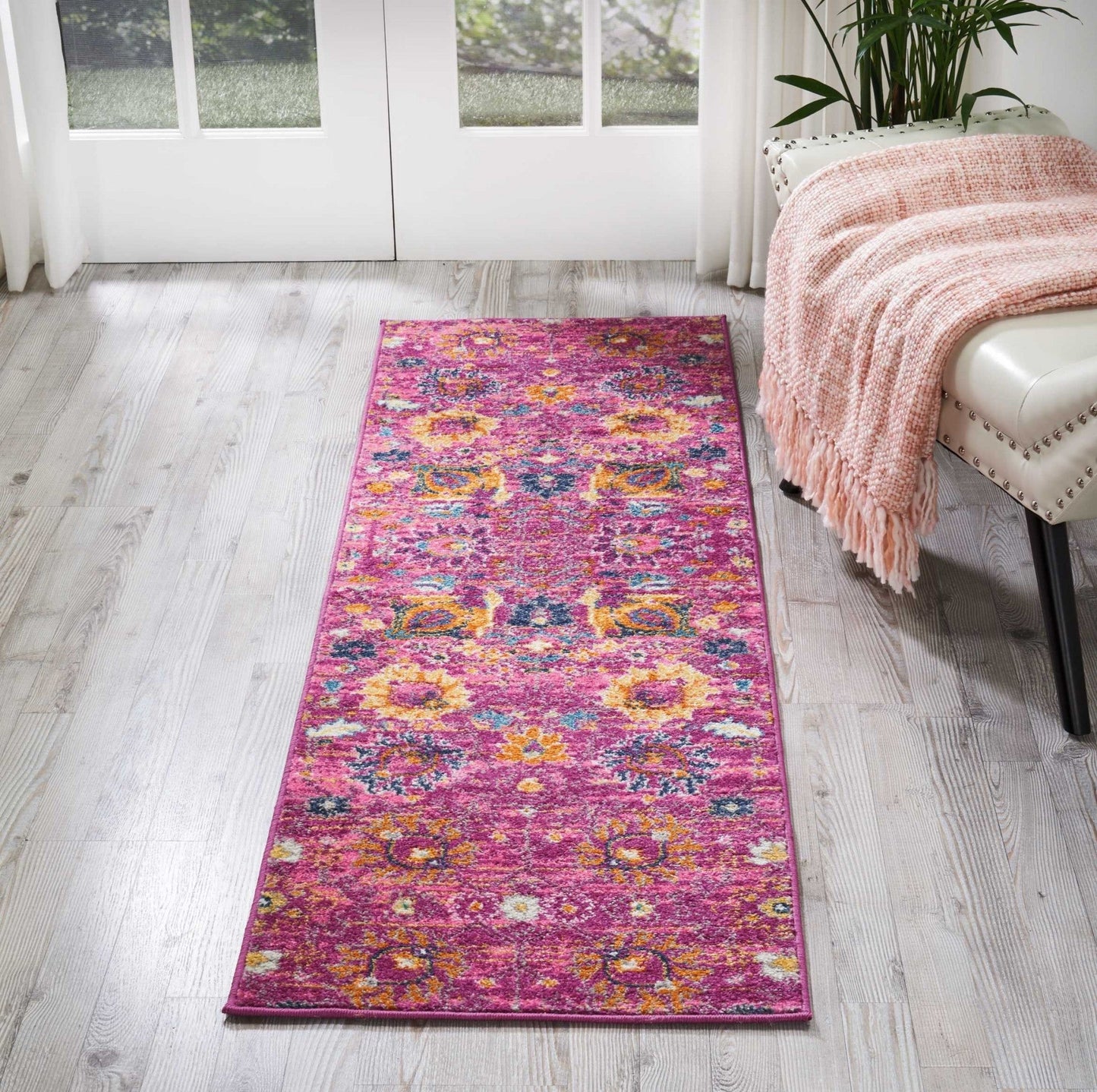 HomeRoots 2' x 6' Fuchsia and Orange Distressed Runner Rug