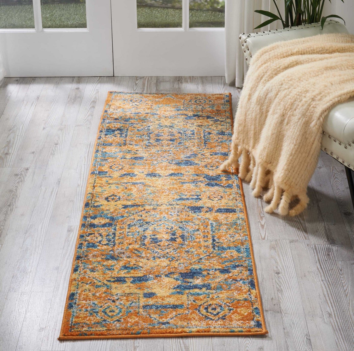 HomeRoots 2' x 6' Gold and Blue Antique Runner Rug