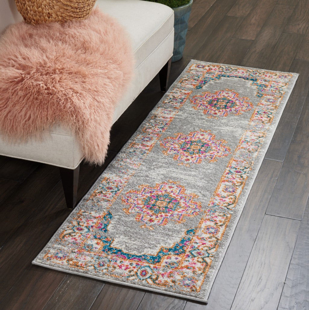 HomeRoots 2’ x 6’ Gray and Gold Medallion Runner Rug