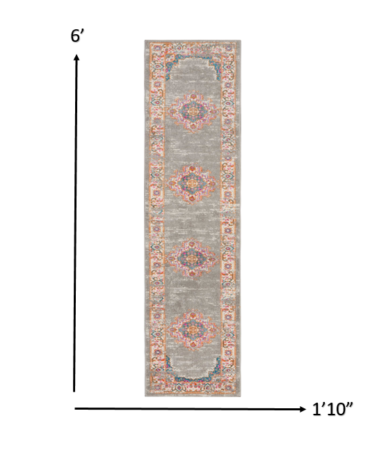 HomeRoots 2’ x 6’ Gray and Gold Medallion Runner Rug