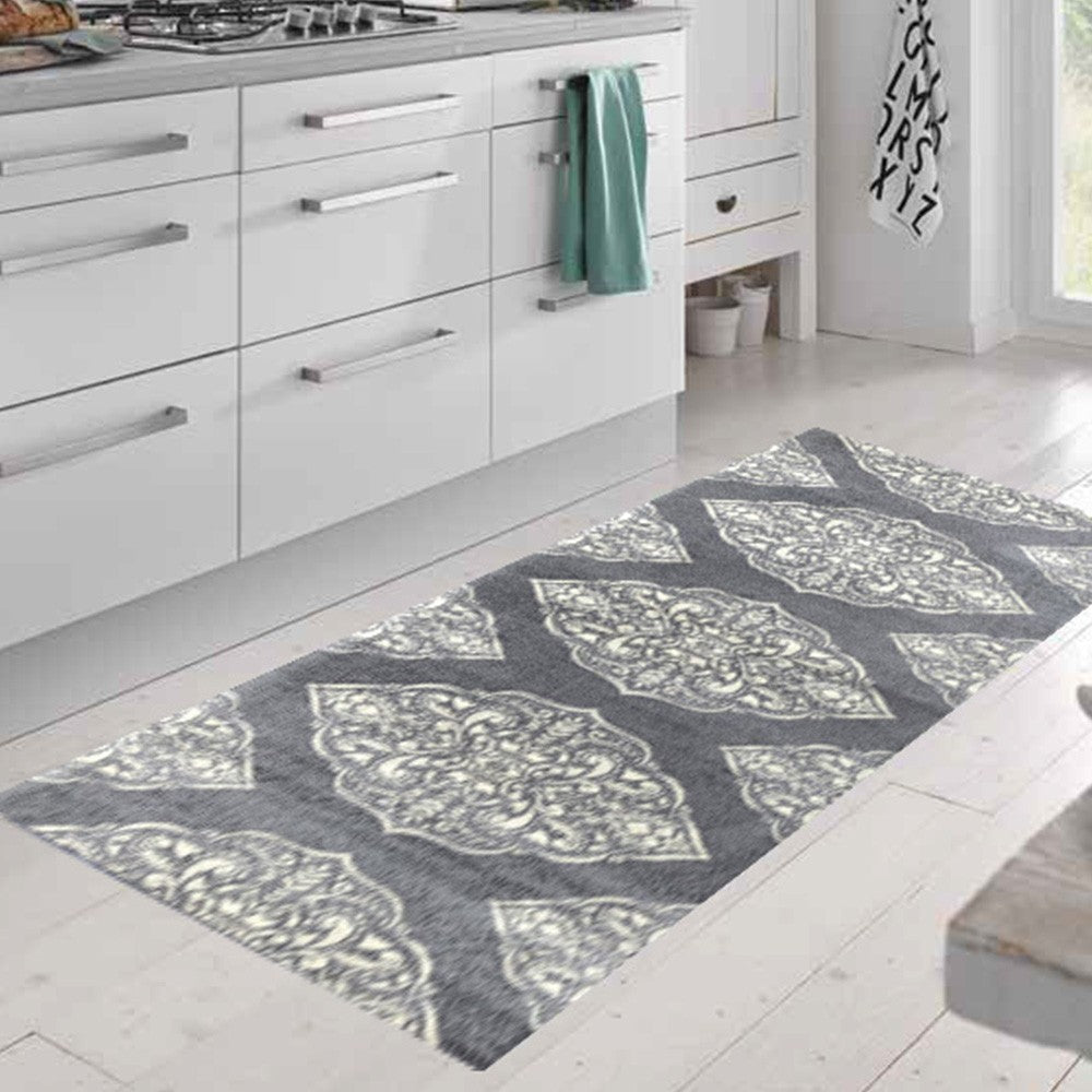 HomeRoots 2' x 6' Gray and Ivory Scallop Medallion Washable Runner Rug