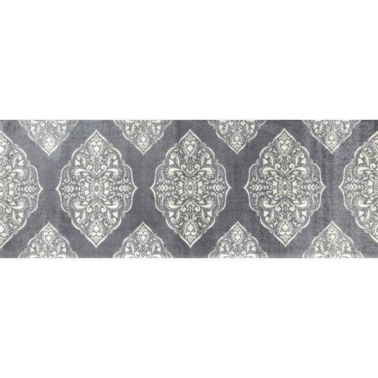 HomeRoots 2' x 6' Gray and Ivory Scallop Medallion Washable Runner Rug