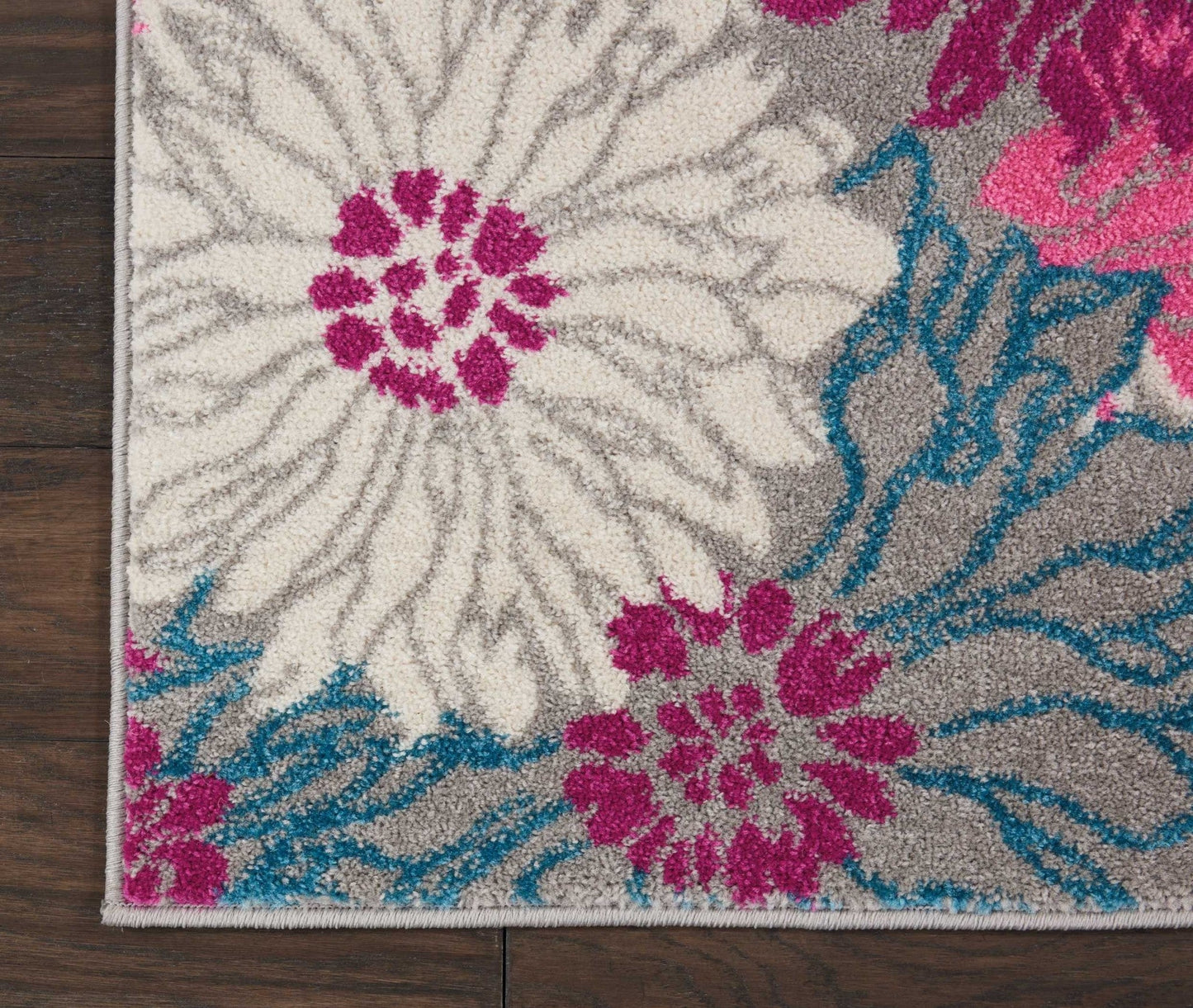 HomeRoots 2' x 6' Gray and Pink Tropical Flower Runner Rug