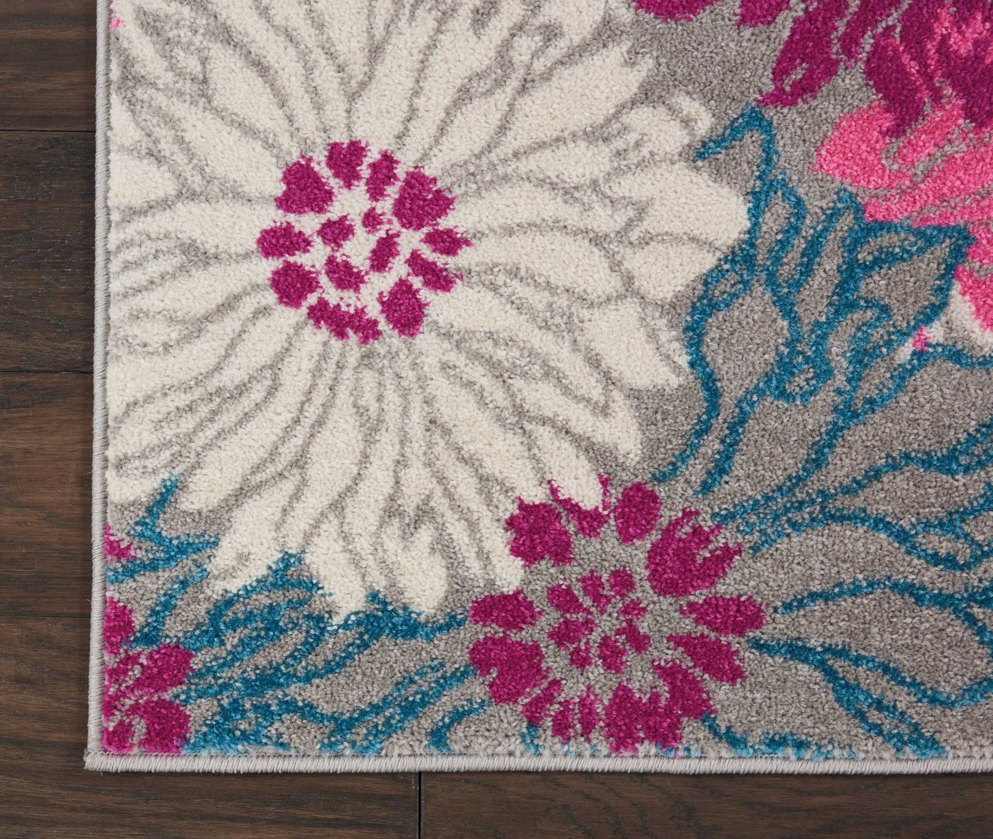 HomeRoots 2' x 6' Gray and Pink Tropical Flower Runner Rug