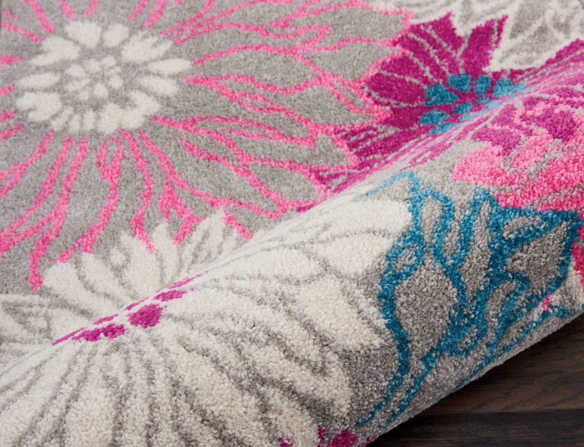 HomeRoots 2' x 6' Gray and Pink Tropical Flower Runner Rug
