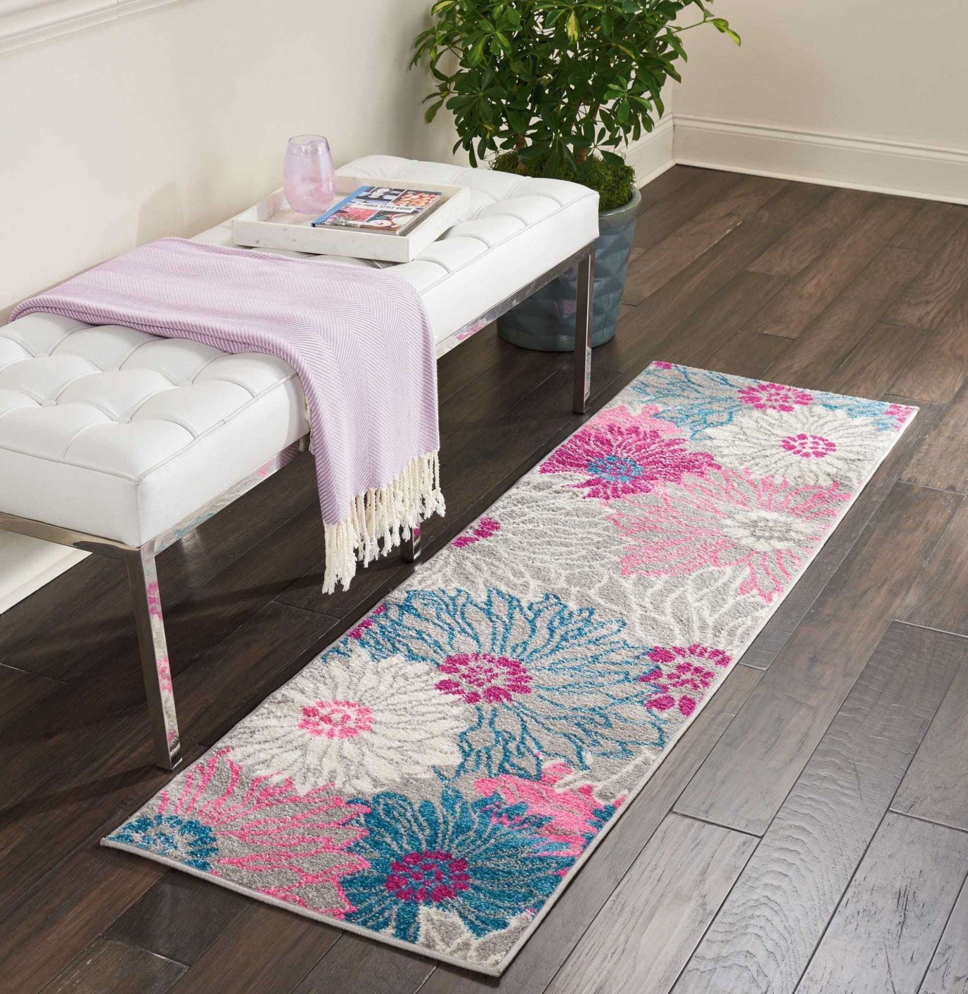 HomeRoots 2' x 6' Gray and Pink Tropical Flower Runner Rug