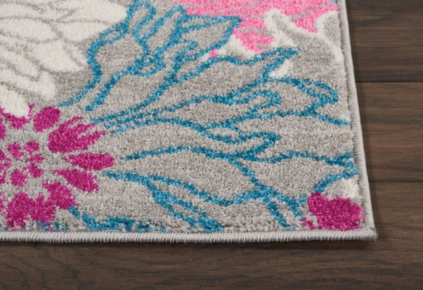 HomeRoots 2' x 6' Gray and Pink Tropical Flower Runner Rug